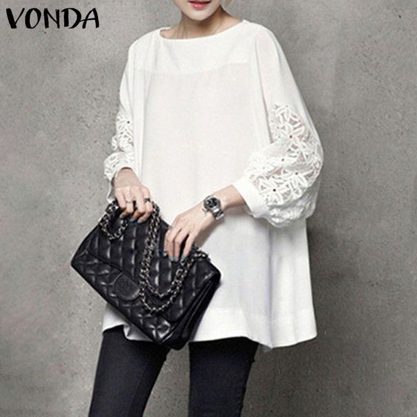 t-shirt women elagant solid shirts tunic casual round neck blouse vonda 2022 vintag 2/3 sleeve patchwork blusas feminina, White
